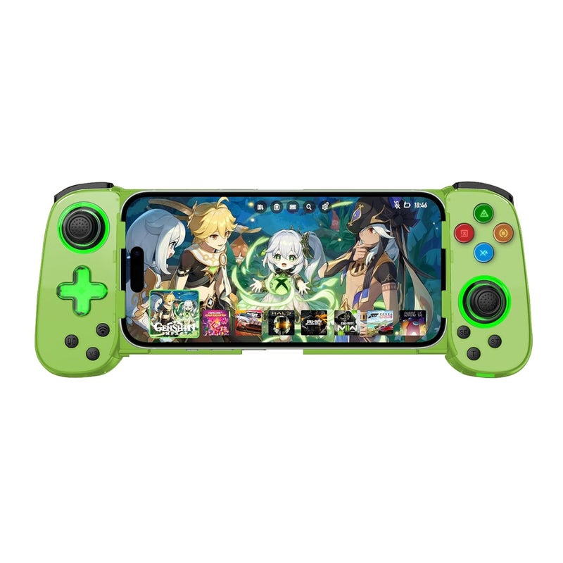 Joso Wireless Phone Controller for iPhone/Android, Mobile Game Controller with Hall Joystick Suitable for Xbox Cloud Gaming, PS Remote Play, Steam Link, Call of Duty & More - Green with Rocker Light - Image 1